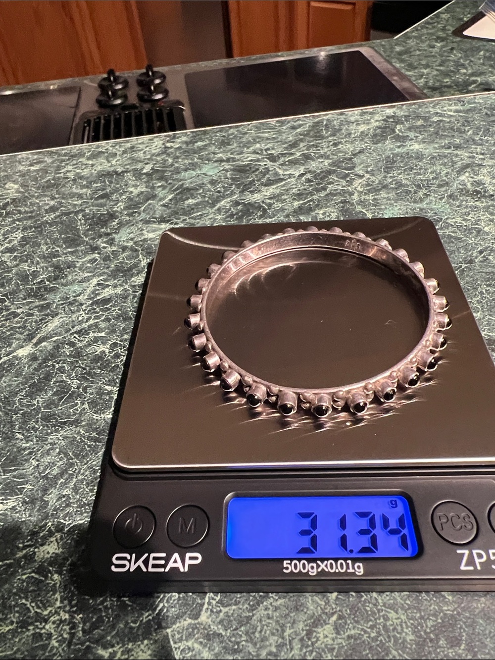 Spiked Metal Bangle Bracelet - Black onyx stones